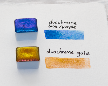 Two duochrome watercolour swatches labeled 'duochrome blue/purple' and 'duochrome gold' on a white background.