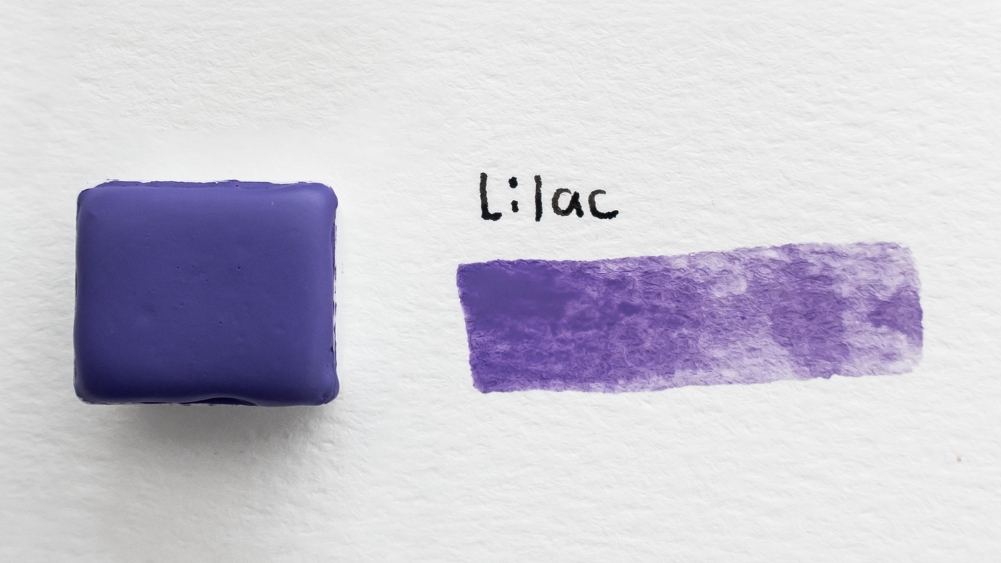 Purple watercolor paint swatch with the word 'Lilac' on a white background