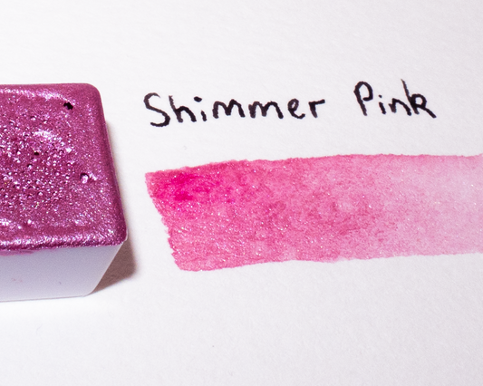 Shimmer pink color swatch next to a block of shimmer pink color on a white background with 'Shimmer Pink' text.