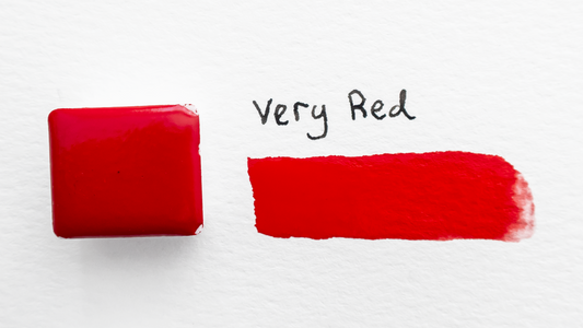 Red watercolour paint labelled 'very red' swatched on a white background